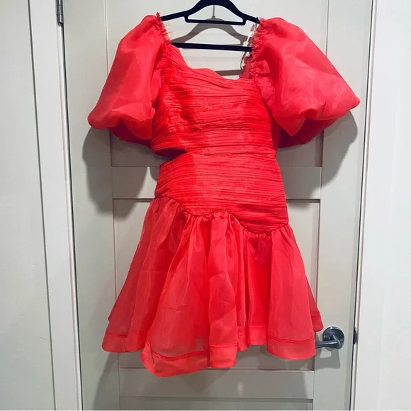 Aje Joan Dress Size 8 Pink Organza Rouched Puff Sleeve Mini - Picture 4 of 12